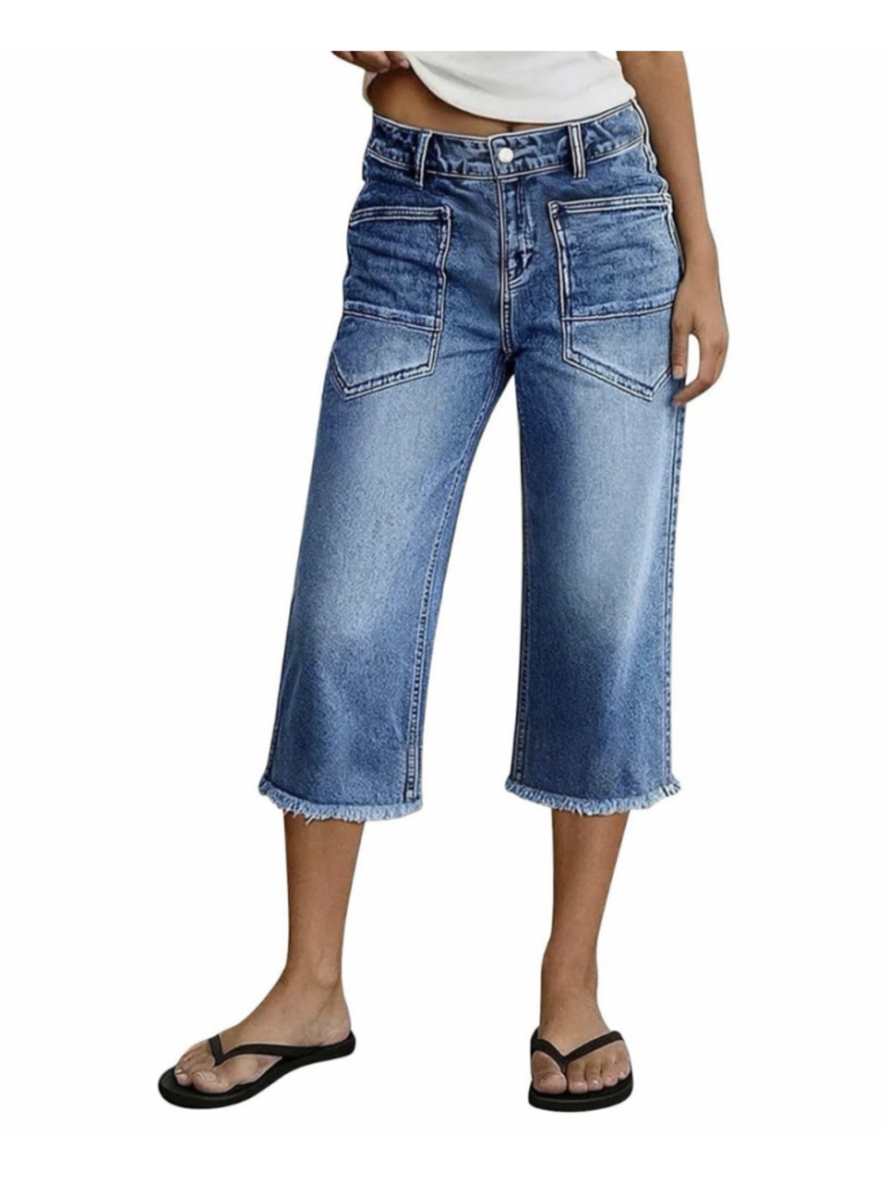 Flamingals High Rise Baggy Straight Leg Capri Jeans for Women Wash Baggy L